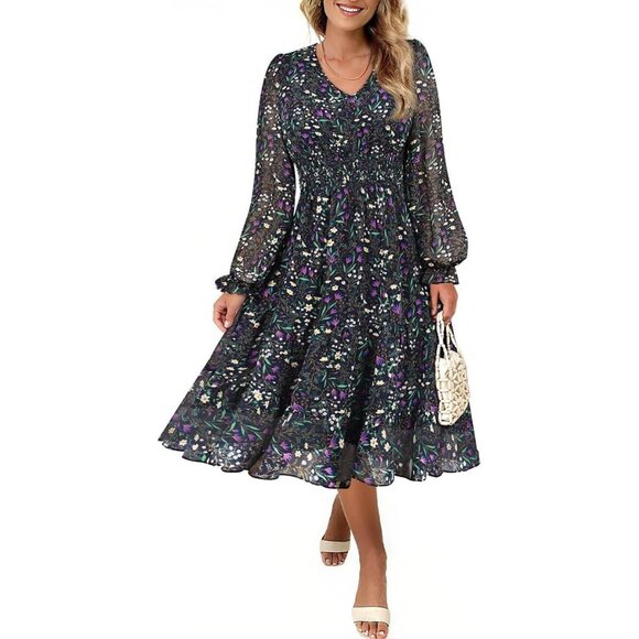 Plus Size Floral Maxi Dress Women's V Neck Long Sleeve Empire Waist